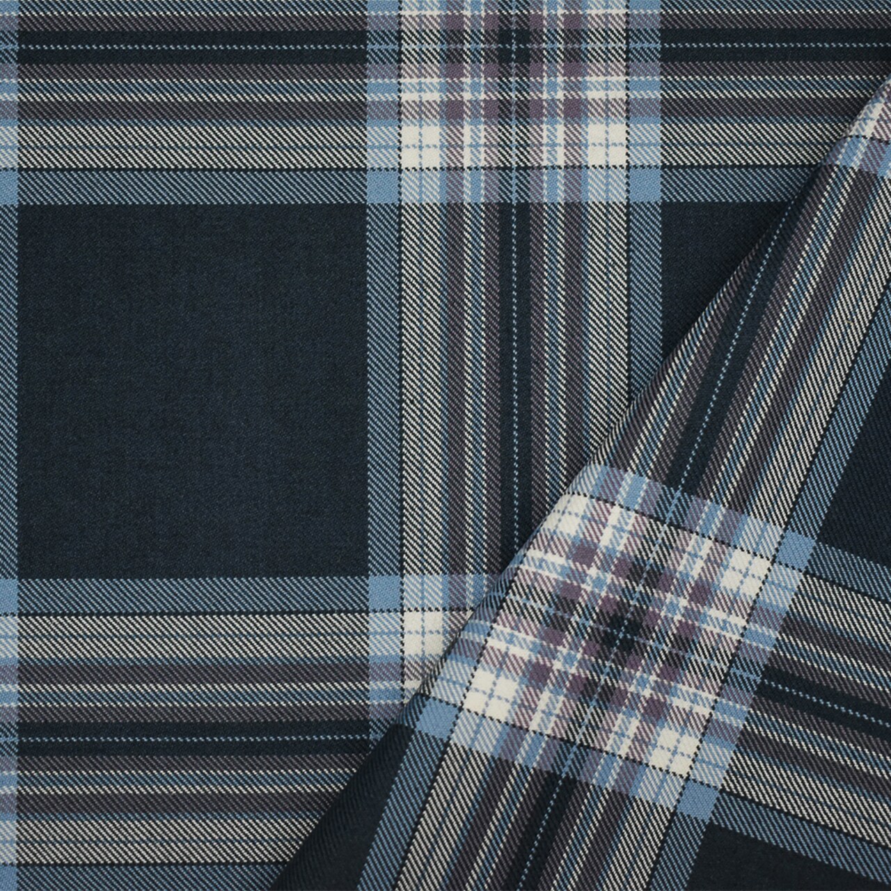 Blue-Mauve-Multi Poly-Wool Blend Plaid Twill Suiting Fabric By the Yard
